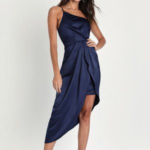 Lulus one-shoulder navy blue asymmetrical midi dress